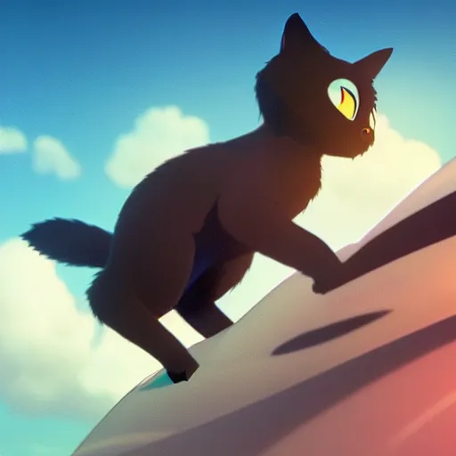 Image similar to a wholesome animation key shot of a black cat! looking a biplane! in the sky, medium shot, studio ghibli, pixar and disney animation, sharp, rendered in unreal engine 5, anime key art by greg rutkowski, bloom, dramatic lighting