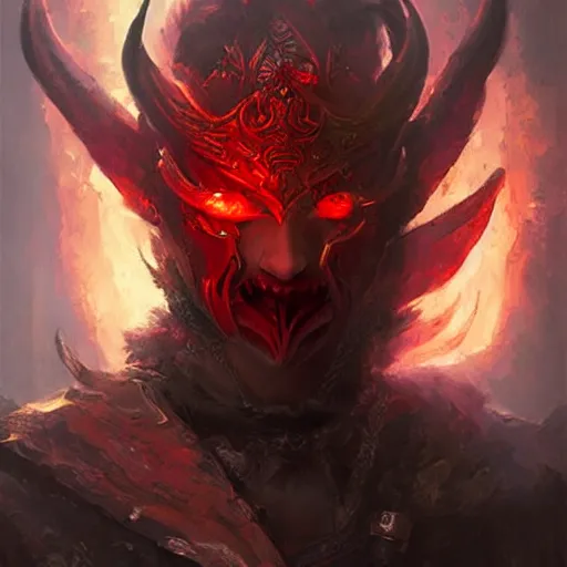 Prompt: A portrait of an elven ranger wearing a red demon mask of terror with fire in the eye sockets, fantasy, digital art by Ruan Jia