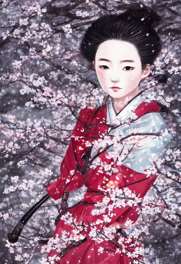 Prompt: detailed portrait of girl samurai in hakama with swords and rifles, in snow forest sakura cherry blossom, taisho roman, by wlop and krenz kushart, elite, elegant, luxury, perfect face, fine details, realistic shaded, fine - face, pretty face