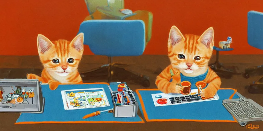 Image similar to an orange tabby kitten playing pc games by richard scarry