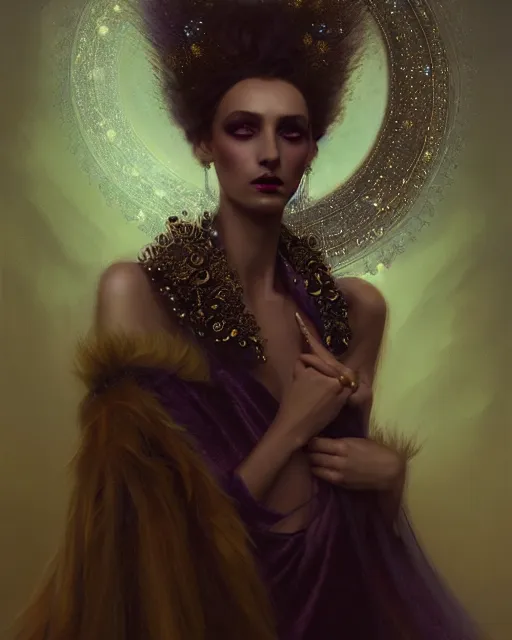 Image similar to Nocturne, glowing, stars, a portrait of a beautiful female shadow djinn creature with long fur collar, highly detailed, mysterious, ethereal, dressed in velvet and gold jewelry, haute couture, illustration, dramatic lighting, soft details, painting, by Edmund Blair Leighton, Brom, Charlie Bowater, trending on artstation, faces by Tom Bagshaw, otto schmidt