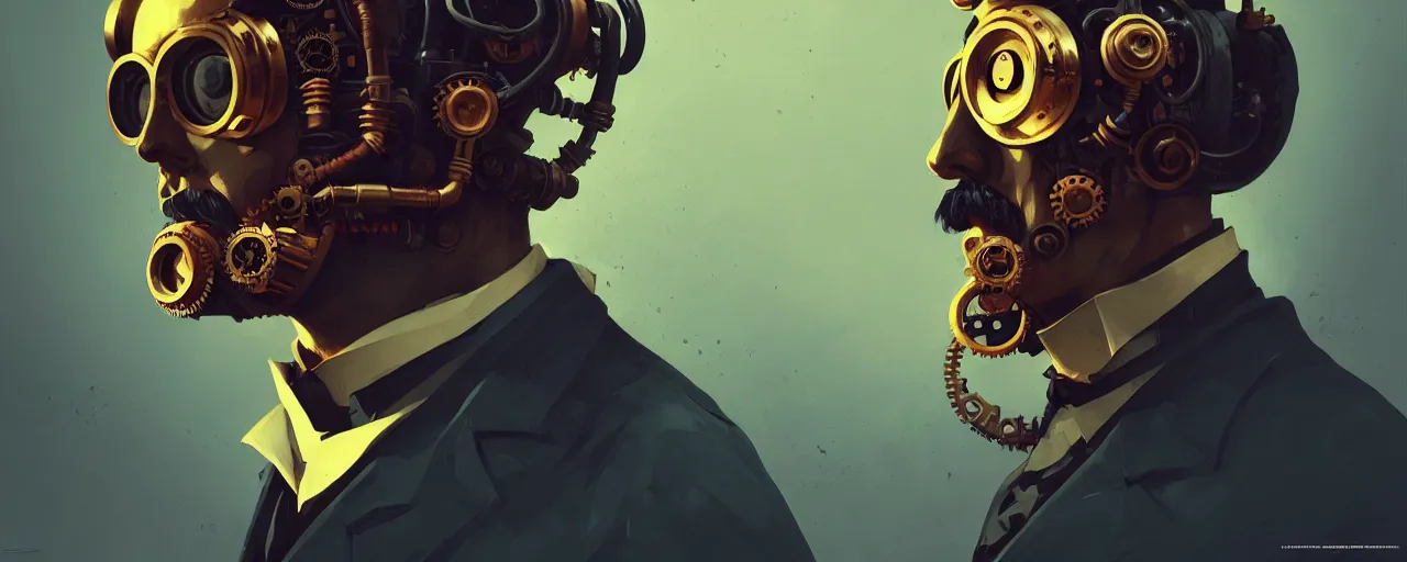 Image similar to duotone dark concept illustration 3 / 4 portrait of friedrich nietzsche as retro steampunk cyborg. cinematic volumentric lighting. golden ratio accidental renaissance. by sachin teng and sergey kolesov and ruan jia and heng z. graffiti art, scifi, fantasy, hyper detailed. octane render. concept art. trending on artstation