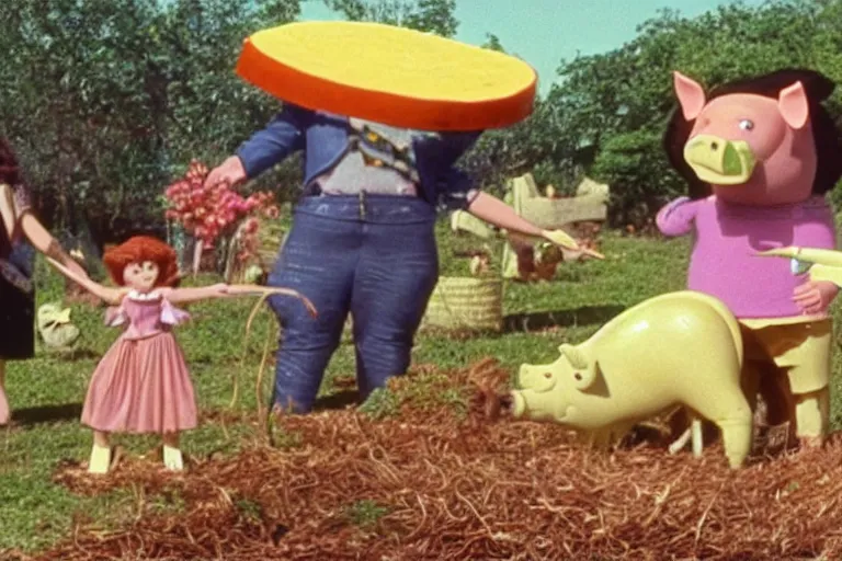 Image similar to still frame from a surreal 1979 children's tv show with a giant pig farmer, plant babies, and a sad cheese puppet holding a sword