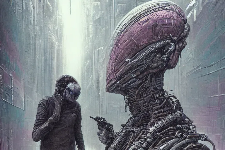 Prompt: highly detailed concept art of neuromancer characters, dystopian post - apocalyptic retrofuturistic neon vibe, an ultrafine detailed painting by hans giger and wayne barlowe, trending on deviantart, pop surrealism, whimsical, lowbrow, perfect symmetrical face, sharp focus, octane, masterpiece