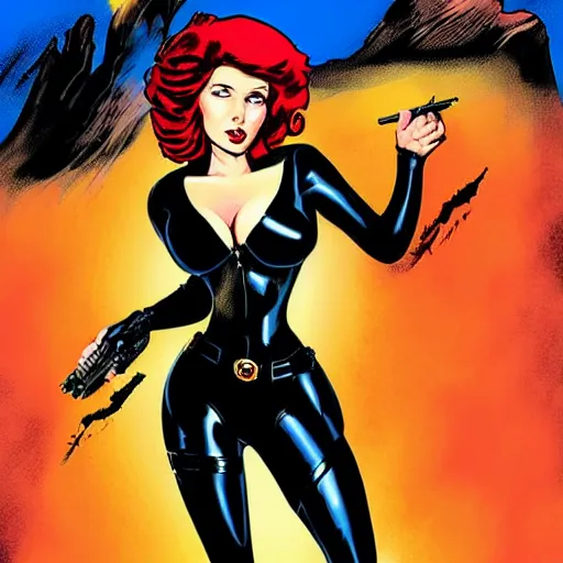 Image similar to black widow pinup, art by michael miller