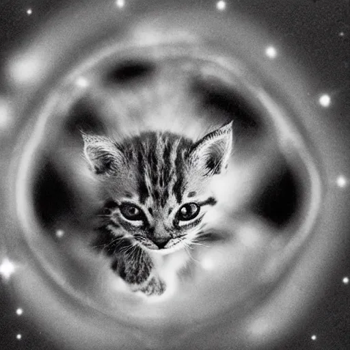 Prompt: very tiny kitten next to an atom, electron microscopy photography