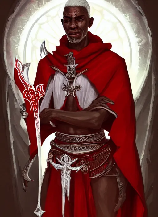 Image similar to a highly detailed illustration of sadistic white haired tanned african priest wearing white robe with red cross design, wielding divine bloody sword, evil smirk, gothic church background, intricate, elegant, highly detailed, centered, digital painting, artstation, concept art, smooth, sharp focus, league of legends concept art, wlop