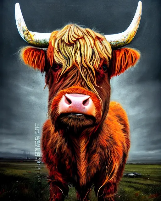 Image similar to a portrait of an anthropomorphic cyberpunk highland cattle bull by sandra chevrier, by jon foster, detailed render, tape deck, epic composition, cybernetics, 4 k realistic, cryengine, realistic shaded lighting, sharp focus, masterpiece, by enki bilal