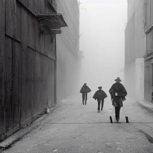 Prompt: a group of clowns walking down a long dark foggy alley the are carrying sticks. fog, tall decrepit buildings. black and white photography