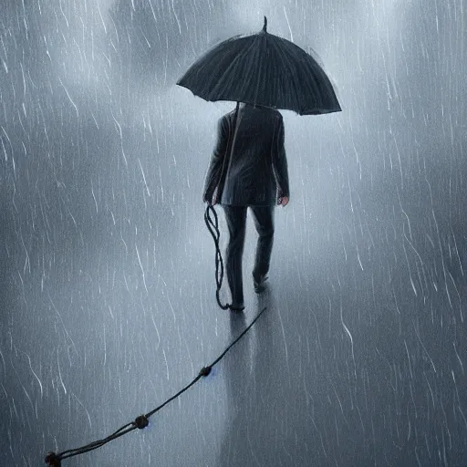 Prompt: man walking down the street, pulling ropes attached to household items, dragging behind, crowd is watching, rainy, elegant, highly detailed, digital painting, artstation, concept art, matte sharp focus, illustration