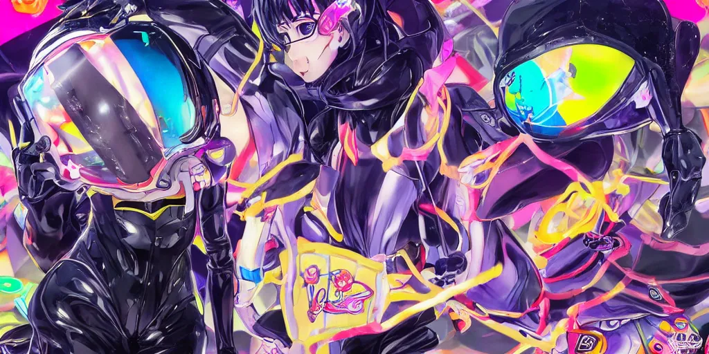 Image similar to : extremely beautiful illustration a black marble statue of an anime girl with colorful skateboard logos all over and helmet with closed visor, colorful hyperbolic background, fine art, neon genesis evangelion, virgil abloh, offwhite, denoise, highly detailed, 8 k, hyperreal