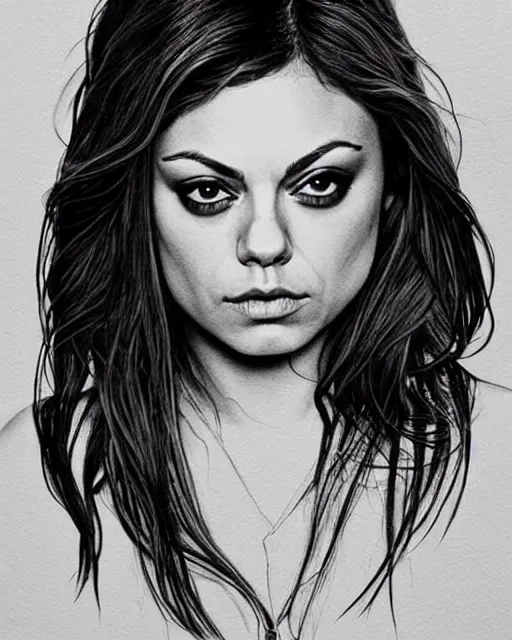 Image similar to mila kunis, black ink on paper, trending on artstation, beautiful, intricate, detailed