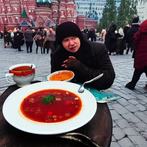 Image similar to Dragon from Skyrim eating russian borsch soup on the Red Square,