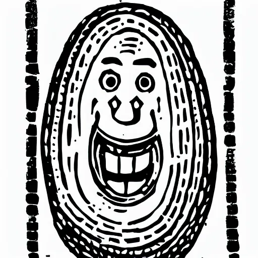 Image similar to linocut of a humanoid smiling pickle