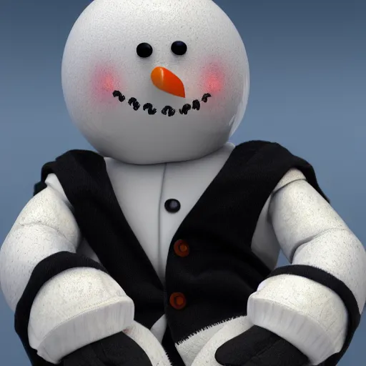 Image similar to a highly detailed humanoid snowman in business suit with black eyes and mouth, no nose, hyperrealism, professional, octane render, full length, digital art