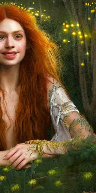 Image similar to a totally amazed smiling pretty woman surrounded by golden firefly lights in a mesmerizing scene, sitting amidst nature fully covered! intricate detailed bohemian outfit, long loose red hair, precise linework, accurate green eyes, small nose with freckles, beautiful smooth oval head, expressive emotions, hyper realistic ultrafine portrait by artemisia gentileschi, jessica rossier, greg rutkowski