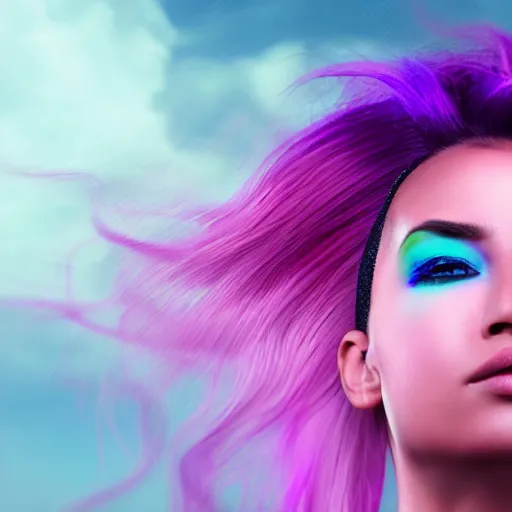 Image similar to a award winning action upper body portrait of a beautiful woman with a ombre purple pink hairstyle with head in motion and hair flying, choker, outrun, vaporware, vivid colors, highly detailed, fine detail, intricate