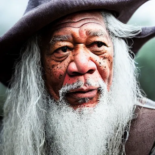 Image similar to morgan freeman starring as gandalf in lord of the rings, ( eos 5 ds r, iso 1 0 0, f / 8, 1 / 1 2 5, 8 4 mm, postprocessed, crisp face, facial features )