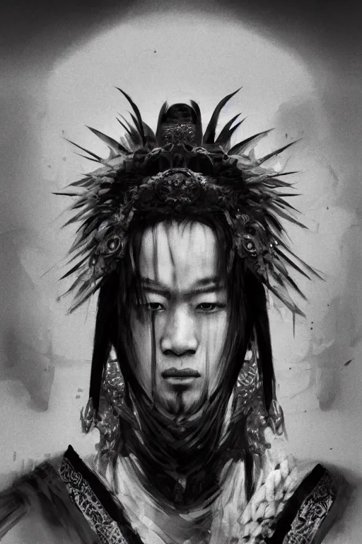 Prompt: chinese god, portrait, fierce, intricate, elegant, black and white volumetric lighting, scenery, digital painting, highly detailed, artstation, sharp focus, illustration, concept art, ruan jia, steve mccurry