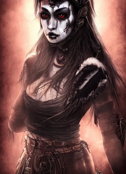 Prompt: digital art of a young woman in dark shamanistic ritual clothing accented by black feathers, dark ravenlike makeup on her face, post apocalyptic, dystopian, high resolution, highly detailed, fallout, raider, 4 k, artstation, sharp lines