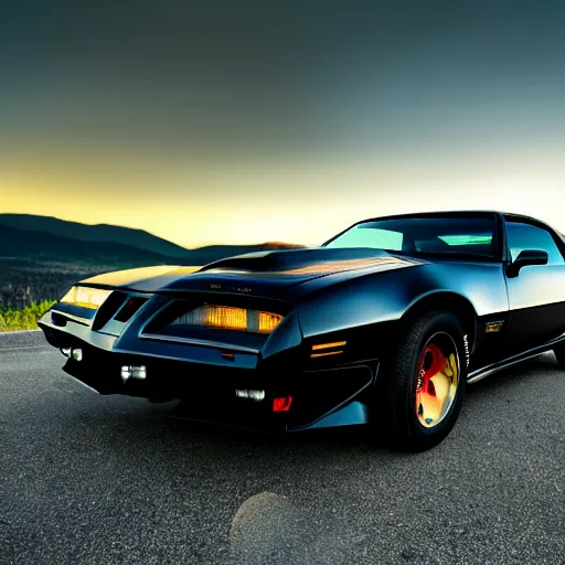 Prompt: black pontiac firebird trans - am driving towards the camera, mountain, valley, breathtaking mountains, lake, dynamic, sunrise, cinematic, motionblur, sunbeams, volumetric lighting, wide shot, low angle, mind flayer, lightning