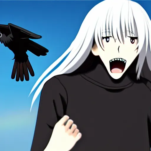 Prompt: a giant black crow screaming at a guy with long white hair, anime, pixiv