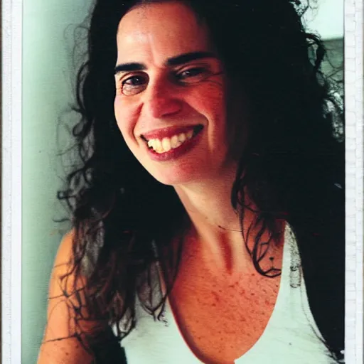 Prompt: Ayelet Shaked sad and hopeful, in a white tank top. Polaroid.