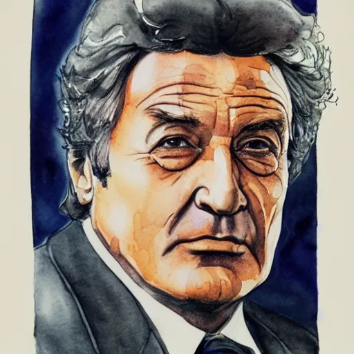 Image similar to watercolor portrait of columbo, highly detailed, centered, duotone