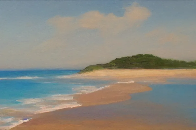 Image similar to painting of a beach, beautiful, with calm waves and sand, oil on canvas