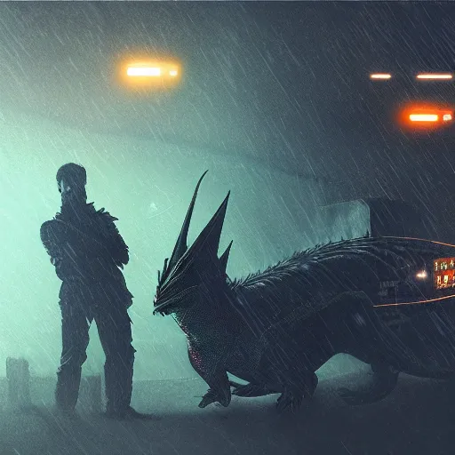 Image similar to blade runner style image of cyberpunk character and his baby dragon