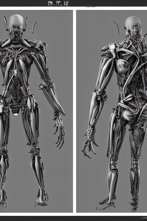 Prompt: very symmetrical!! cyborg space primate with gunmetal grey skin, medical muscle anatomy, cyberpunk face, highly detailed, japanese, mecha asthetic, mechanical implants, three - view reference sheet ( front / back / side ), in the style of dan ouellette, dren from splice, hr giger, sil from species, artstation, unreal engine