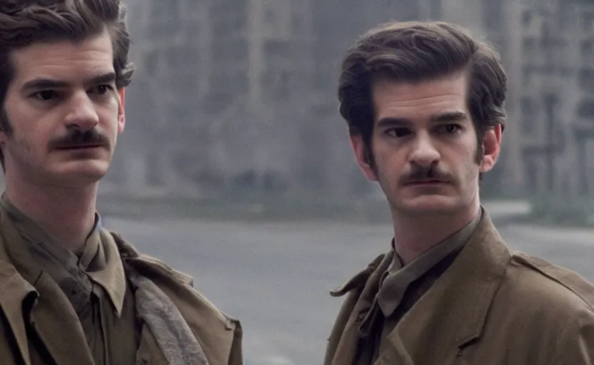 Image similar to Andrew Garfield as Leon Trotsky in 'CommUnism' (2003), movie still frame, oscar nominated cinematography, volumetric lighting, 8k resolution, beautiful composition