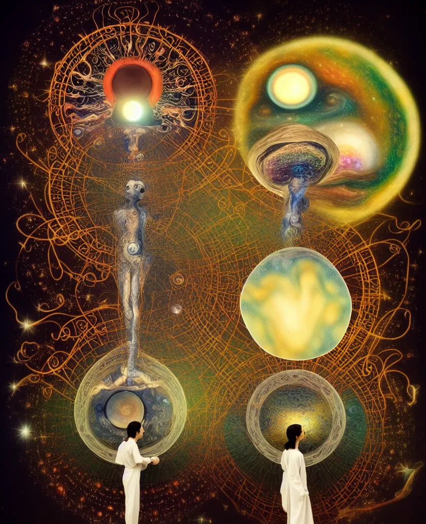 Image similar to inside the universe of a human body soul, whimsical uncanny creature alchemizes unique canto about'as above so below'being ignited by the spirit of haeckel and robert fludd, breakthrough is iminent, glory be to the magic within, to honor jupiter, surreal collage by ronny khalil