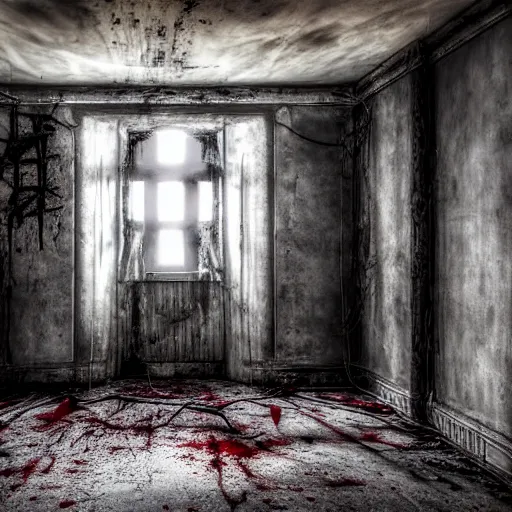 Prompt: haunted asylum with blood on the walls and chains hanging from the ceiling with a broken light bulb, right side of the wall is a broken window with light emitting through, realistic, hdr, clear image, hdd, dynamic lighting, rtx on,