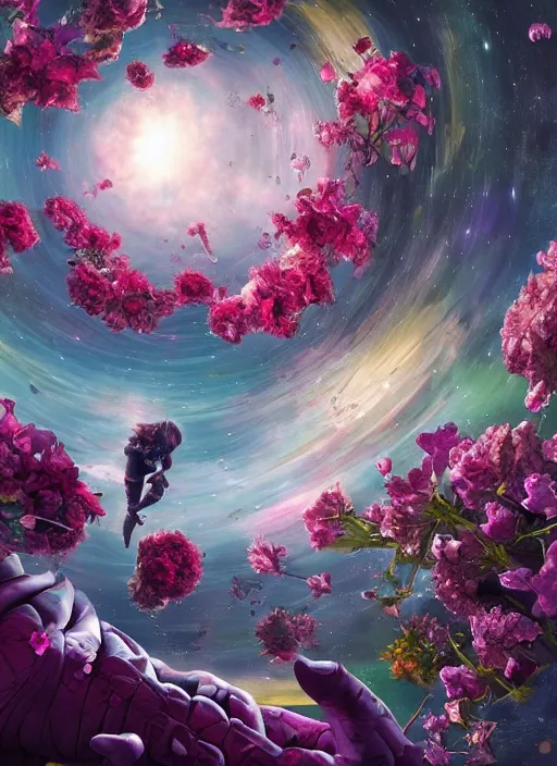 Image similar to An epic fantastic realism comic book style painting of the most beautiful flowers launched across the spiraling starry cosmos, nearby star, fisheye, unreal 5, DAZ, hyperrealistic, octane render, dynamic lighting