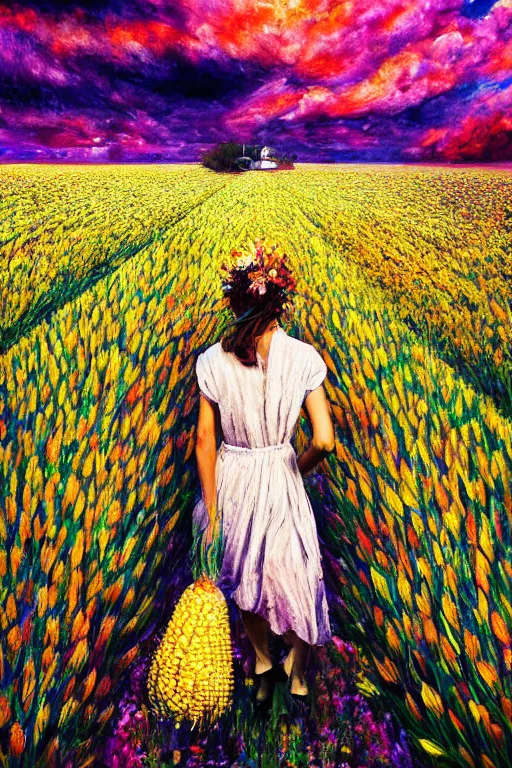 Prompt: giant corn flower head, girl walking in a flower field, surreal photography, dead body, dramatic light, impressionist painting, colorful clouds, digital painting, walter white, uncanny valley