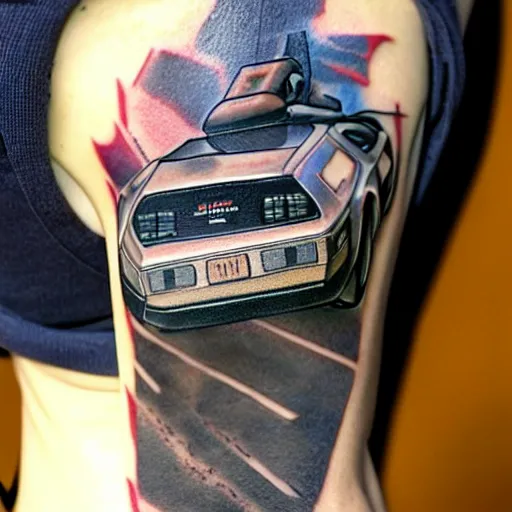 Image similar to a tattoo of delorean from back to the future,