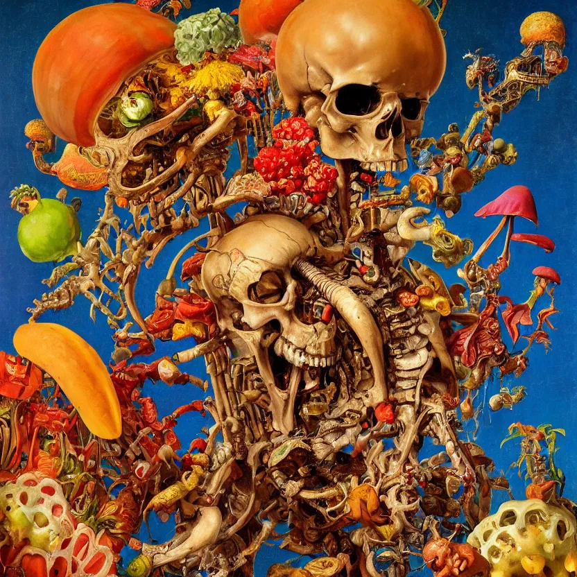 Prompt: a close - up baroque portrait of a futuristic tropical skeleton with colorful airborne fruit and mushrooms. studio lighting. black background. highly detailed science - fiction painting by norman rockwell, moebius, frank frazetta, syd mead, and giuseppe arcimboldo. rich colors, high contrast. renaissance masterpiece. artstation