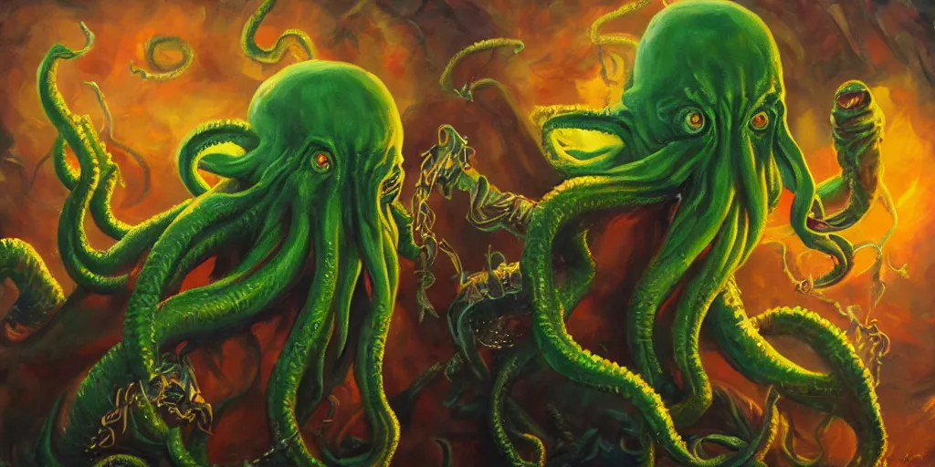 Image similar to cthulhu's birthday party, 4k, oil painting, trending on artstation