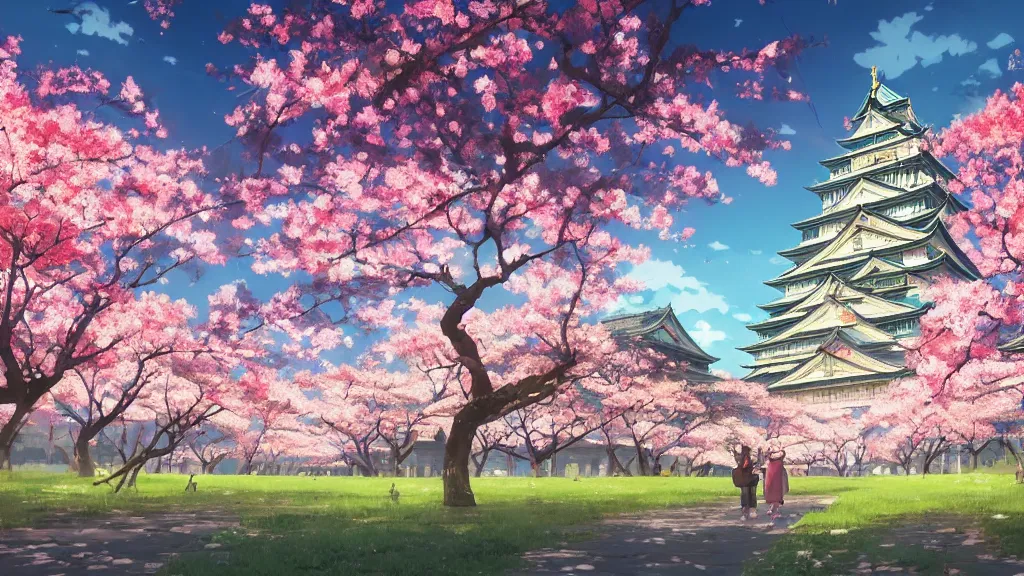 Image similar to landscape of osaka castle,sakura flower, rich vivid colors, ambient lighting, dynamic lighting, official media, anime key visual, makoto shinkai, ilya kuvshinov, lois van baarle, rossdraws, detailed, trending on artstation.