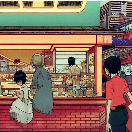 Image similar to a singaporean kopitiam, by satoshi kon