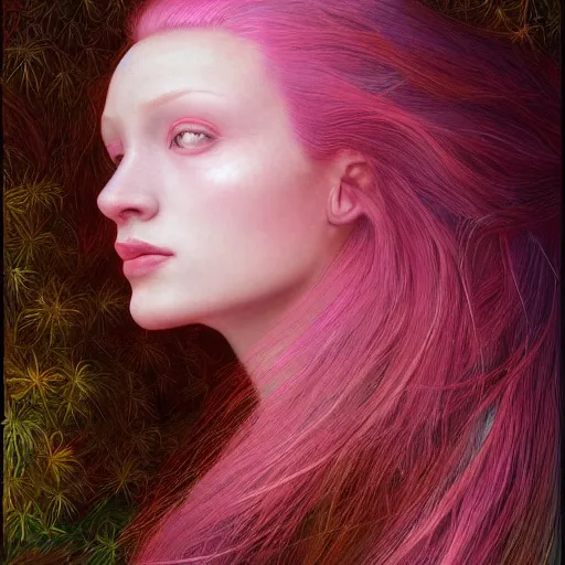 Image similar to A beautiful portrait of a woman with iridescent skin by James C. Christensen, scenic environment, pink hair