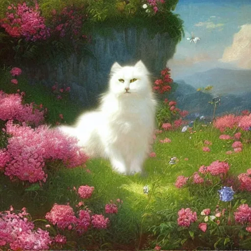 Prompt: large white fluffy cat surrounded by flowers, Thomas Cole, artgem, Tyler Edlin and Jean Delville, wide angle, minimalistic, highly detailed, masterpiece