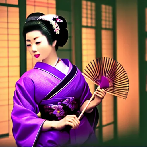 Image similar to Japanese geisha with beautiful violet paper fan, 4k photography, 30 mm lens, cinematic light, warm atmosphere, in style of Kar Wai Wong, cigarette smoke trail