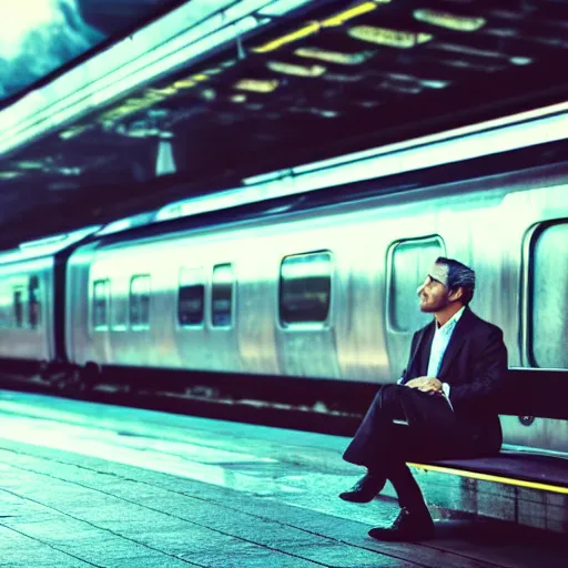 Image similar to a man in a suit waiting at a train station with a view of outer space across from him