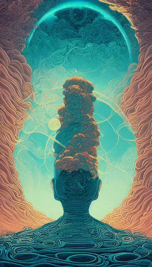 Image similar to The oracle of ancient dreaming on cosmic cloudscape, italian futurism, Dan Mumford, Victo Ngai, Kilian Eng, Josan Gonzalez