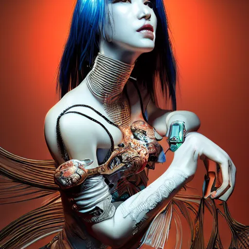 Image similar to the portrait of an absurdly beautiful, graceful, elegant, sophisticated, fashionable cyberpunk gravure idol, an ultrafine hyperdetailed illustration by kim jung gi, irakli nadar, intricate linework, bright colors, porcelain skin, mixed metals, unreal engine 5 highly rendered, global illumination, radiant light, detailed and intricate environment