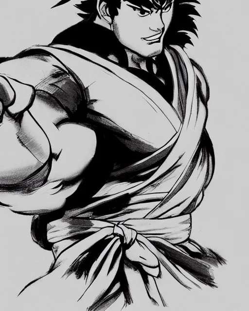 Image similar to ryu from street fighter, sketch by glen keane and jin kim, black and white illustration, concept art, disney