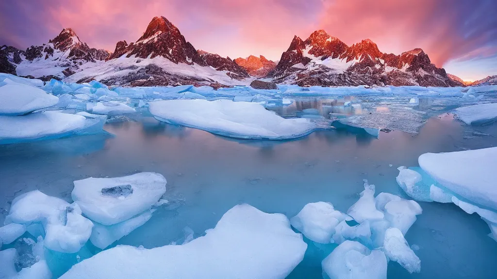 Image similar to amazing landscape photo of a snowy mountains with an ice lake in sunset by marc adamus, beautiful dramatic lighting