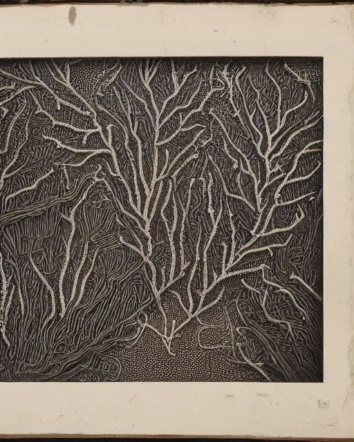 Image similar to a coral reef, made of intricate decorative lace leaf skeleton, in the style of the dutch masters and gregory crewdson, dark and moody